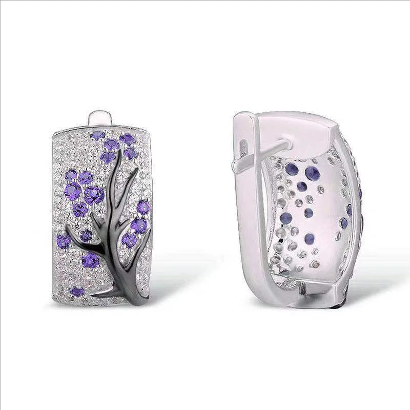 Purple Современные женские серьги роскошные серебряные цветы сливы Дерево ветка узор кристалл серьги гвоздики для женщин аксессуары подарок - Окраска металла: Purple