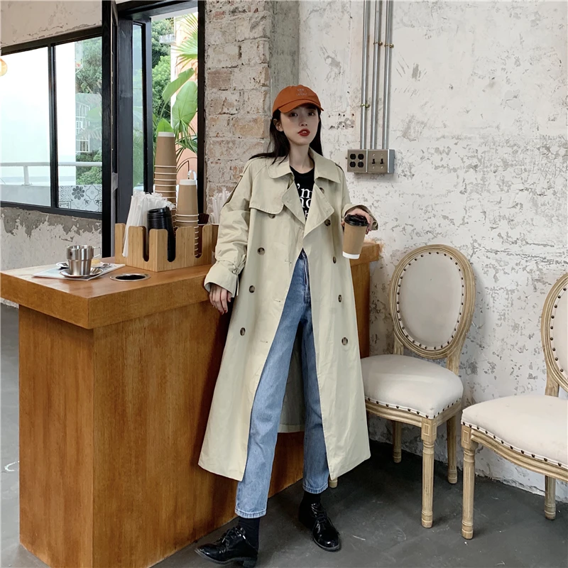Ретро воротник с лацканами, двойная пуговица, Свободное пальто, Тренч, Женская Весенняя верхняя одежда, модный длинный Тренч макси с поясом