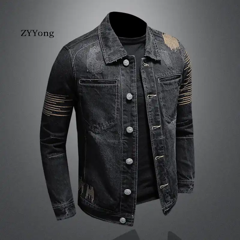 black denim jacket mens embroidered