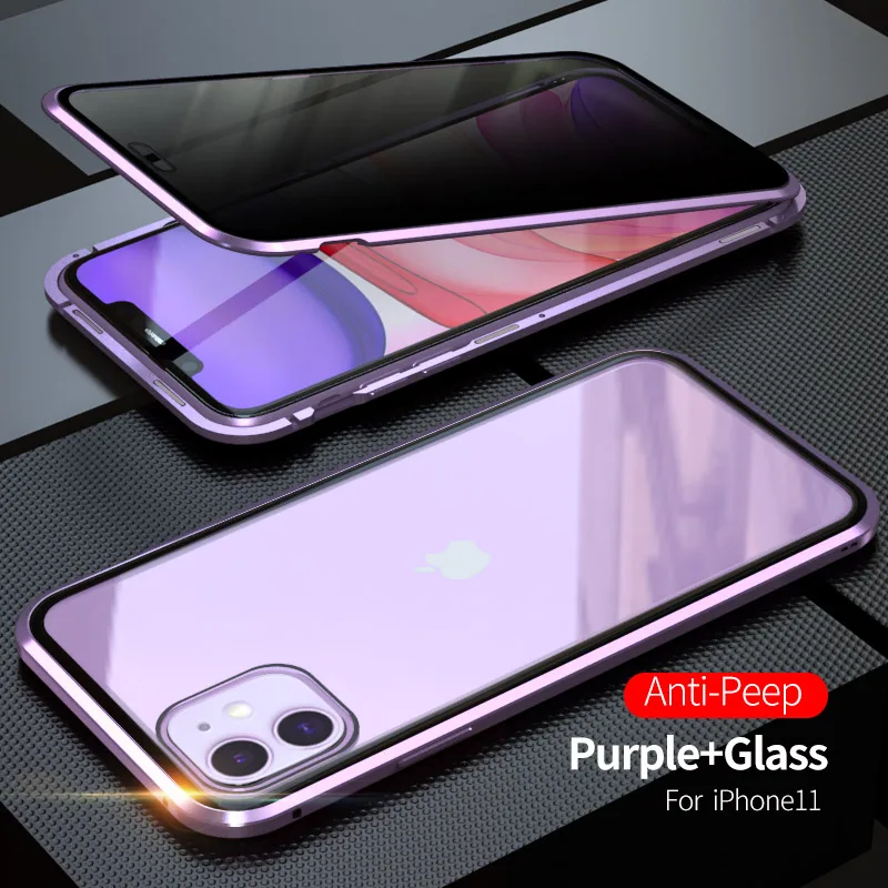 Магнитный чехол для iphone 11, чехол для iphone 11, металлический двухсторонний чехол из закаленного стекла для iphone 11 - Цвет: Anti-Peep-purple