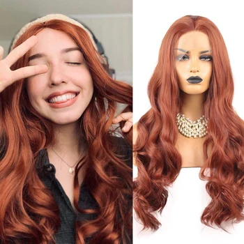 

QUINLUX WIGS Synthetic Lace Front Wig Copper Red Long Wavy Wigs For Black Women Glueless Heat Fiber Half Hand Tied Daily Use