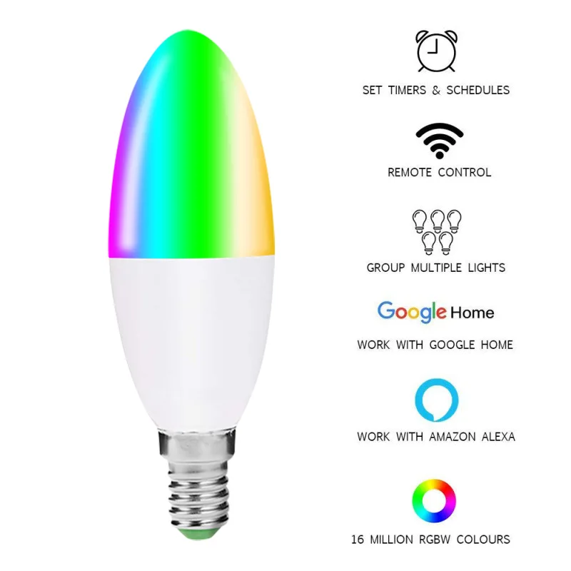 Умная Светодиодная лампа в форме свечи RGB Wi Fi E27 E14 B22 совместима с Alexa Google Home|Управление умным домом| |