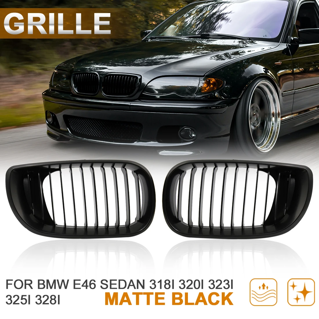X AUTOHAUX Matte Black Front Hood Kidney Grille Grill For BMW E46 318i 320i 323i 325i 328i 2002 TO 2005 Racing Grille Trim COVER
