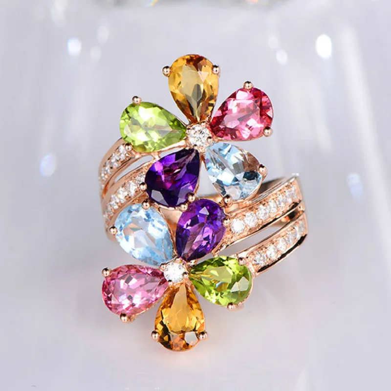 Women Luxury Jewelry Rose Gold Color Ring Multi-color Cubic Zirconia Crystal Flower Elegant Wedding