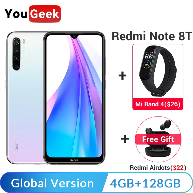 Xiaomi Redmi Note 8 T, глобальная версия, 4 Гб ОЗУ, 128 Гб ПЗУ, NFC, мобильный телефон, 48мп, четырехъядерный процессор Snapdragon 665, четыре ядра, 4000 мА/ч
