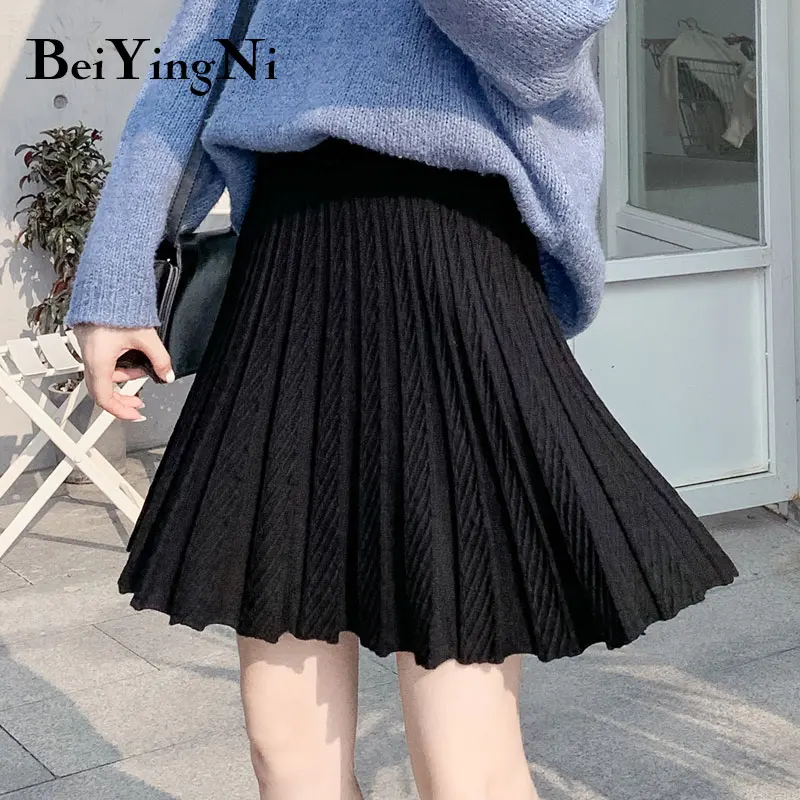 Beiyingni Женская мини-юбка с высокой эластичностью Ulzzang A Line плиссированные юбки трикотажные сексуальные новое поступление короткие теплые элегантные Saia Faldas - Цвет: Черный