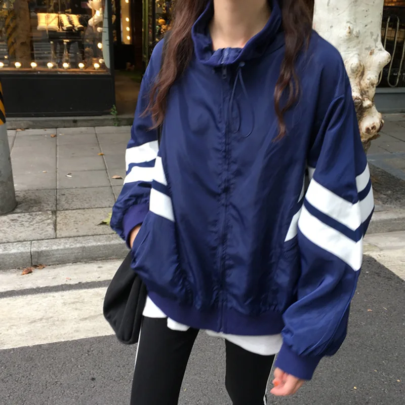 

2019 Spring New Style Korean-style Stripe Spell Color Hooded Cropped Jacket Loose-Fit Versatile Sports Jacket Baseball Uniform W
