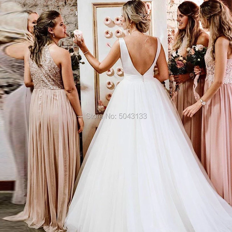 Простое Тюлевое свадебное платье трапециевидной формы с бантом Vestido De Noiva Элегантное свадебное платье без рукавов с глубоким вырезом на спине