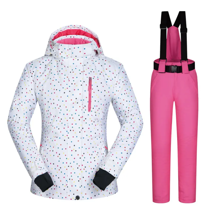 Комплект из водонепроницаемой лыжной куртки и штанов для спорта на открытом воздухе, женские спортивные штаны для сноуборда, лыжный комбинезон, теплая зимняя одежда, комбинезоны - Цвет: White Pink