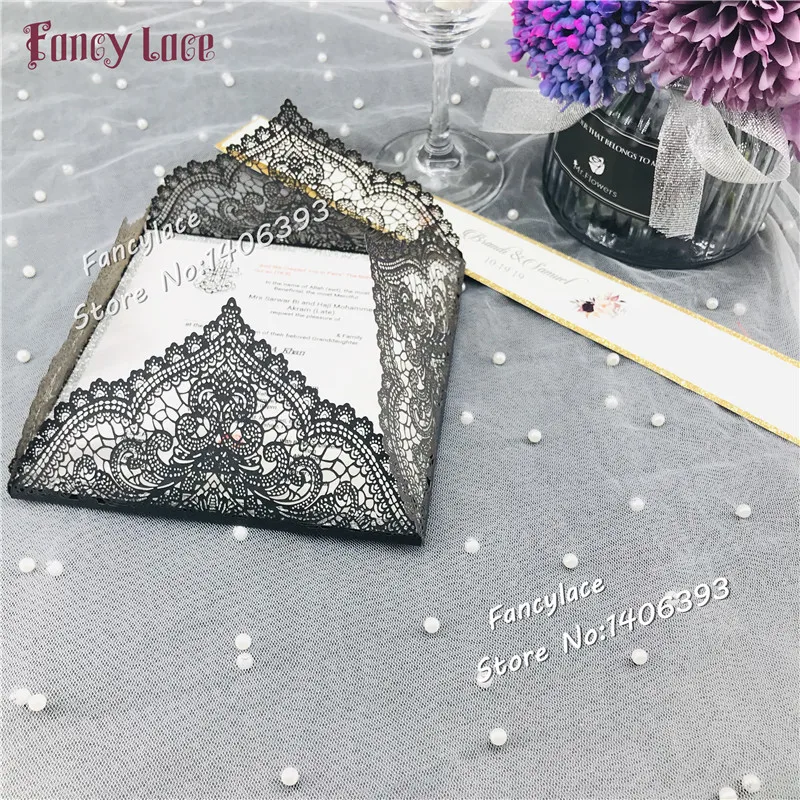 50pcs New Laser Cut Lace Wedding Invitations Cards with glitter envelopes, Elegent Wedding Favors and Gift customized Card
