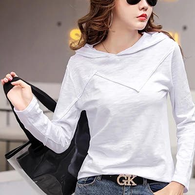 white t shirt Shintimes футболка с капюшоном Женская Геометрическая футболка с длинным рукавом Женская одежда Женская Корея осень хлопок Повседневная футболка Femme - Цвет: white t shirt