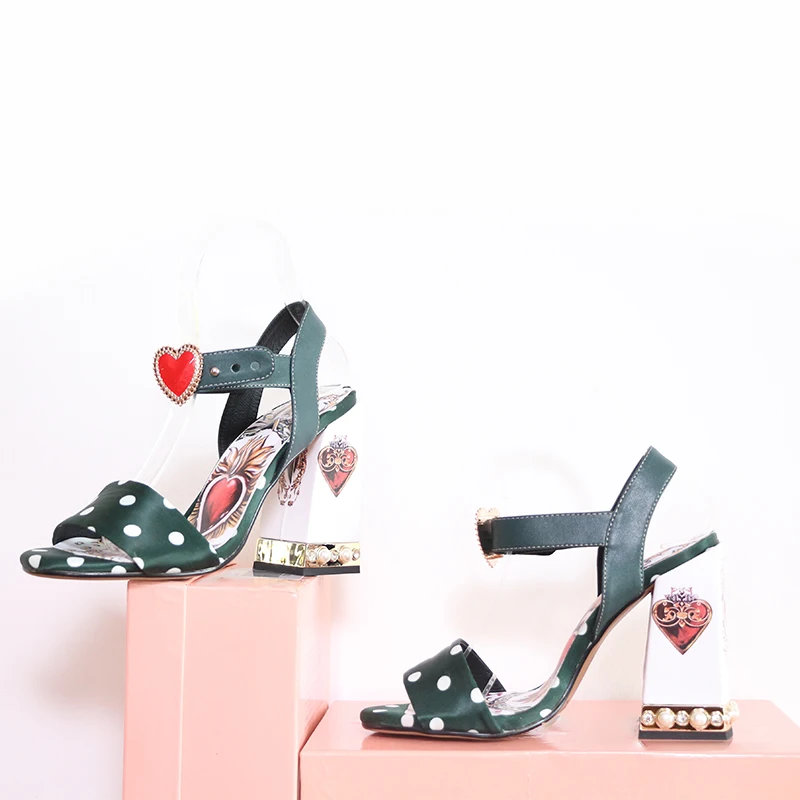 

High Heels Women Sandals Summer 2019 New Fashion Sandals Pearl Printing Shoes Open Toe Leather Footwear