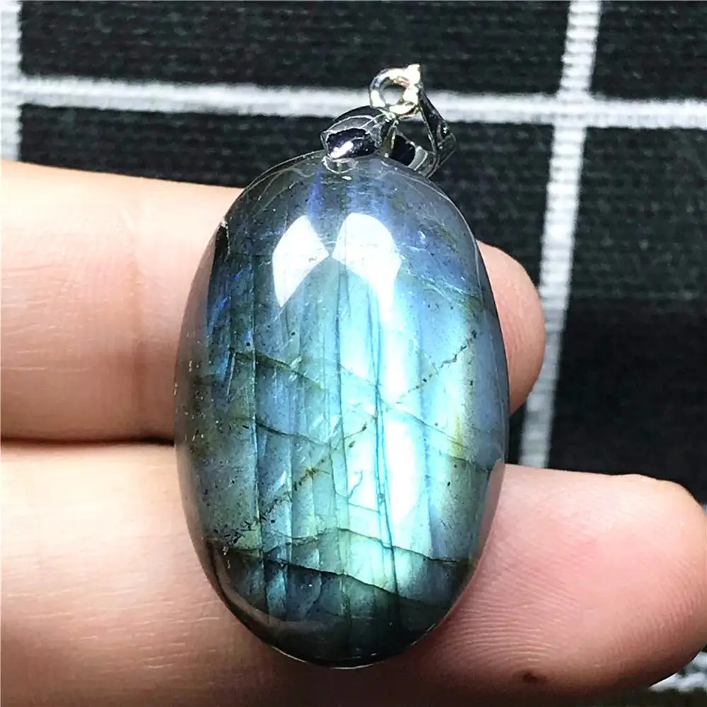 

Top Natural Blue Light Labradorite Necklace Pendant Jewelry For Woman Lady Men Crystal Silver 29x19x12mm Oval Beads Stone AAAAA