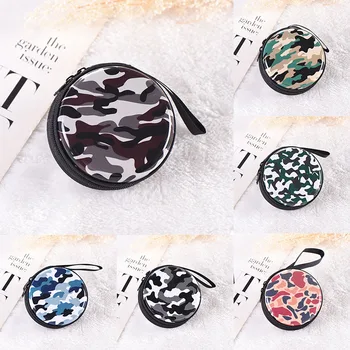 

Headphones Storage Box Zippered Coin Case Memory Card Organizer Round Shape Camouflage Series 1Pcs Tinplate Multifunction