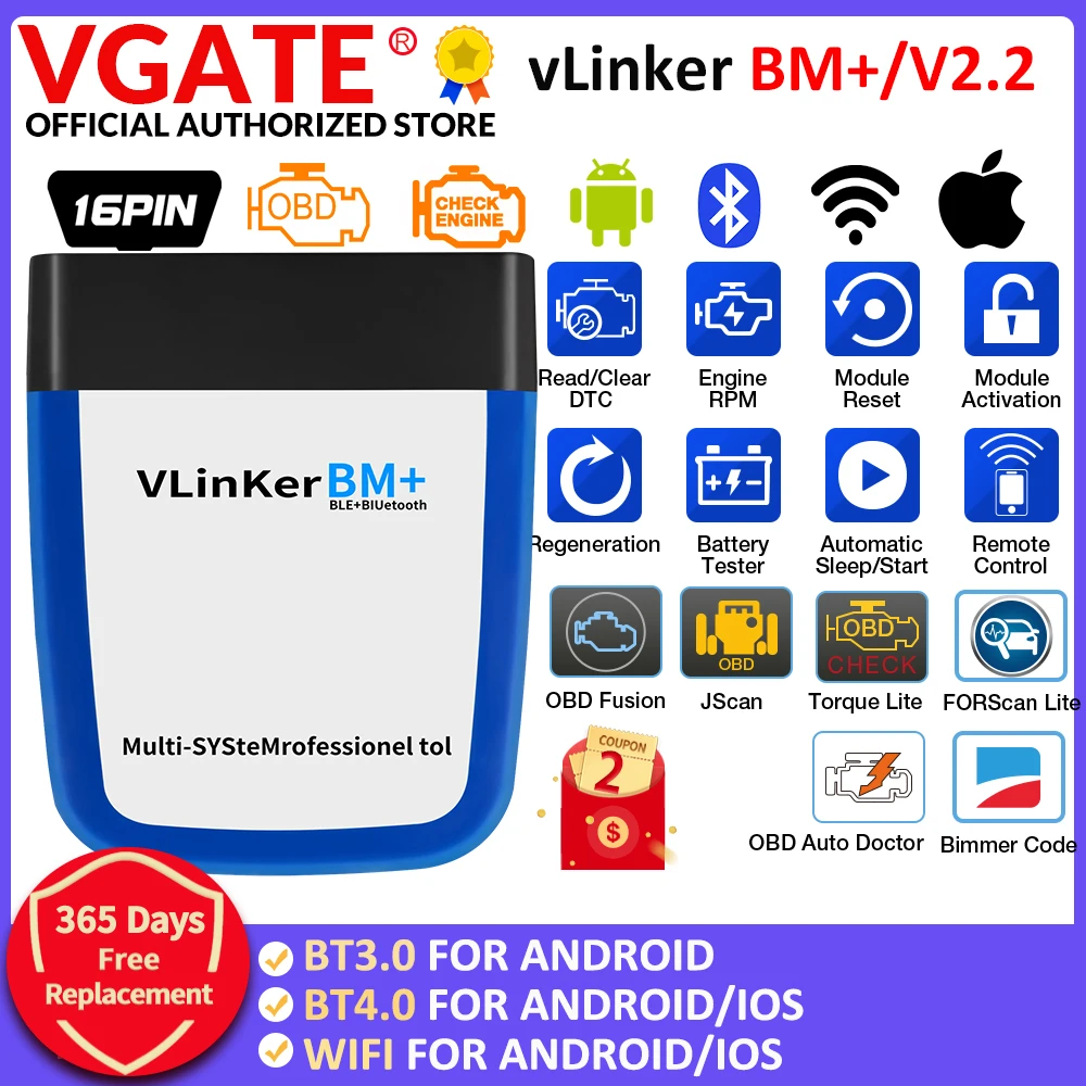 Vgate vLinker BM ELM327 V2.2 OBD2 Scanner Bluetooth-Compatible 4.0 Car Diagnostic Tool for BMW,obd2 scanner,obd code reader