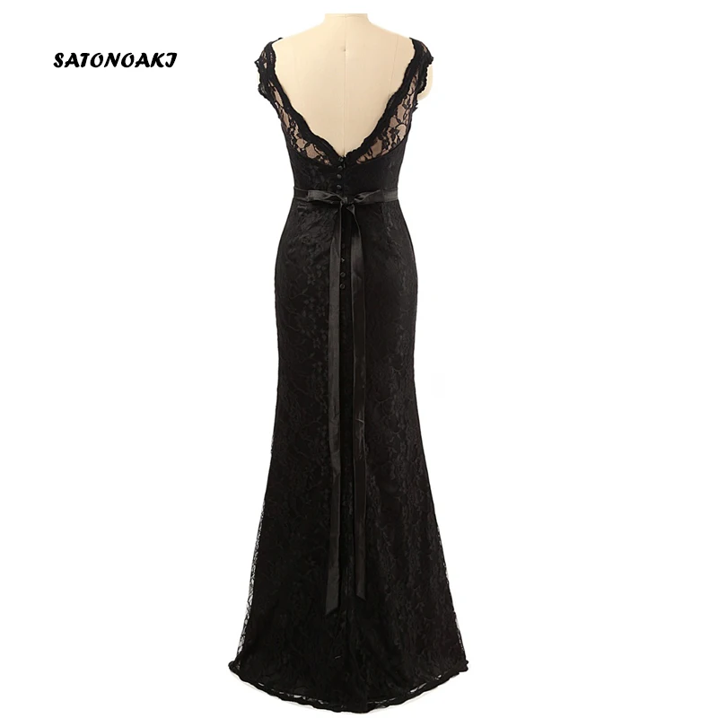 SATONOAKI Black Lace Evening Dresses V Back Mermaid Simple Boat Neck Floor Length Dress With Bow Sash