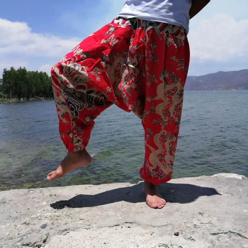Женские штаны-шаровары Boho, свободные, негабаритные, хлопок, лен, уличная одежда, хип-хоп танцевальные брюки, этнический принт, брюки хиппи