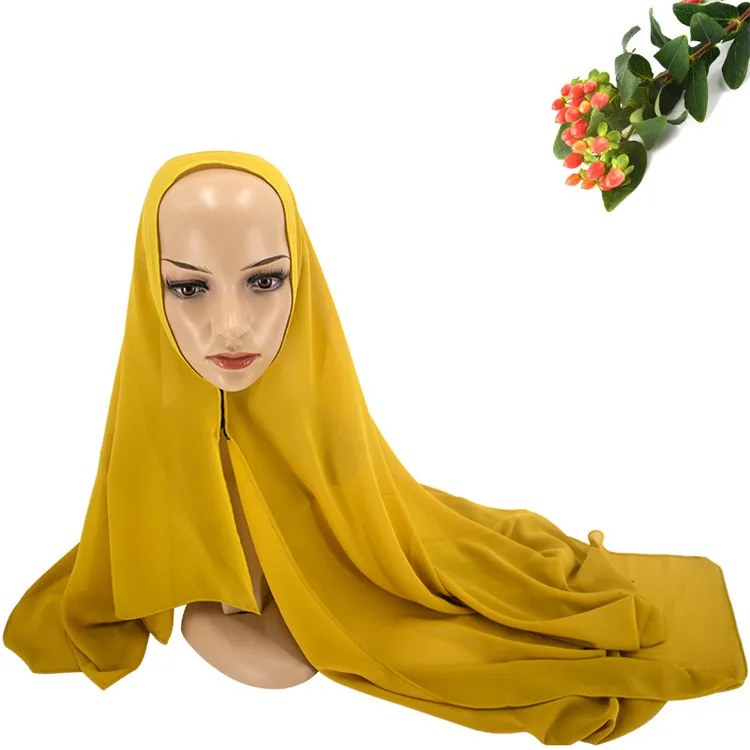 Цвет: желтый Скрытая Кнопка Для женщин Hijab шарф Мусульманский леди Пашмина твердый обруч шарфы для девочек подарок на год - Цвет: Цвет: желтый