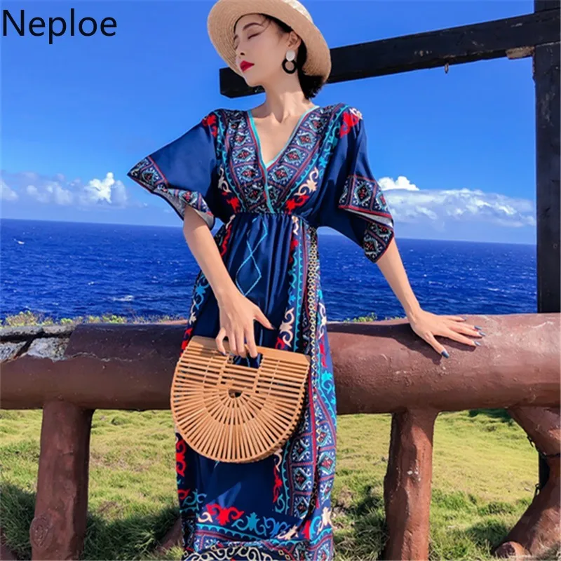 Neploe Инди народный принт Платье женское с v-образным вырезом Половина рукава Vestidos Лето Высокая талия платья на завязках 44623
