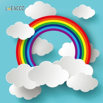 

Laeacco Rainbow White Clouds Blue Sky Paper Art Birthday Photography Background Custom Photographic Backdrop for Photo Studio