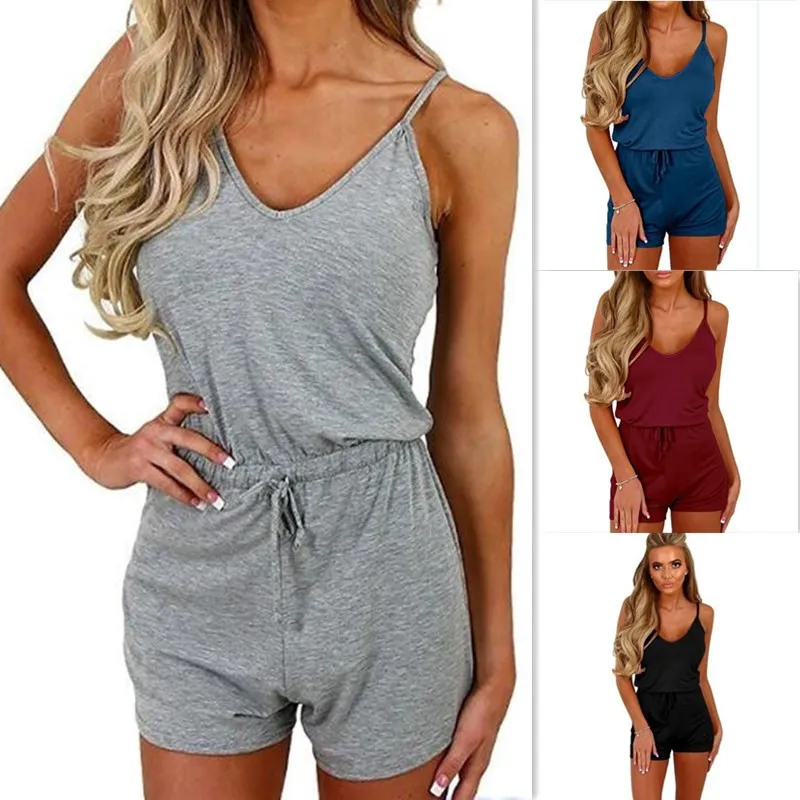 

Casual Playsuit Women Off Shoulder Belted Tunic Solid Color 2020 Summer New Elegant Short Jumpsuit Overalls For Women