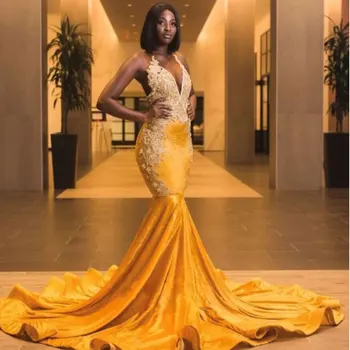 

Elegant Lace Appliqued Satin Straps Deep V-Neck Prom Ball Gown Sleeveless Backless Mermaid Ruffled Evening Formal Dress