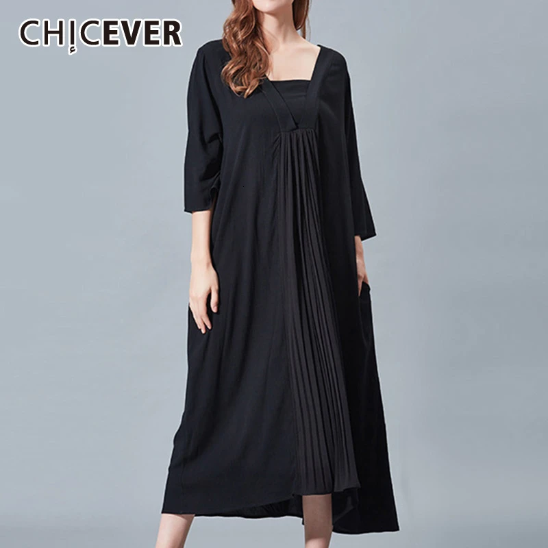 

CHICEVER Casual Elegant Dress For Women V Neck Long Sleeve Oversize Loose Maxi Dress Female 2019 Autumn Fashion New Clothes