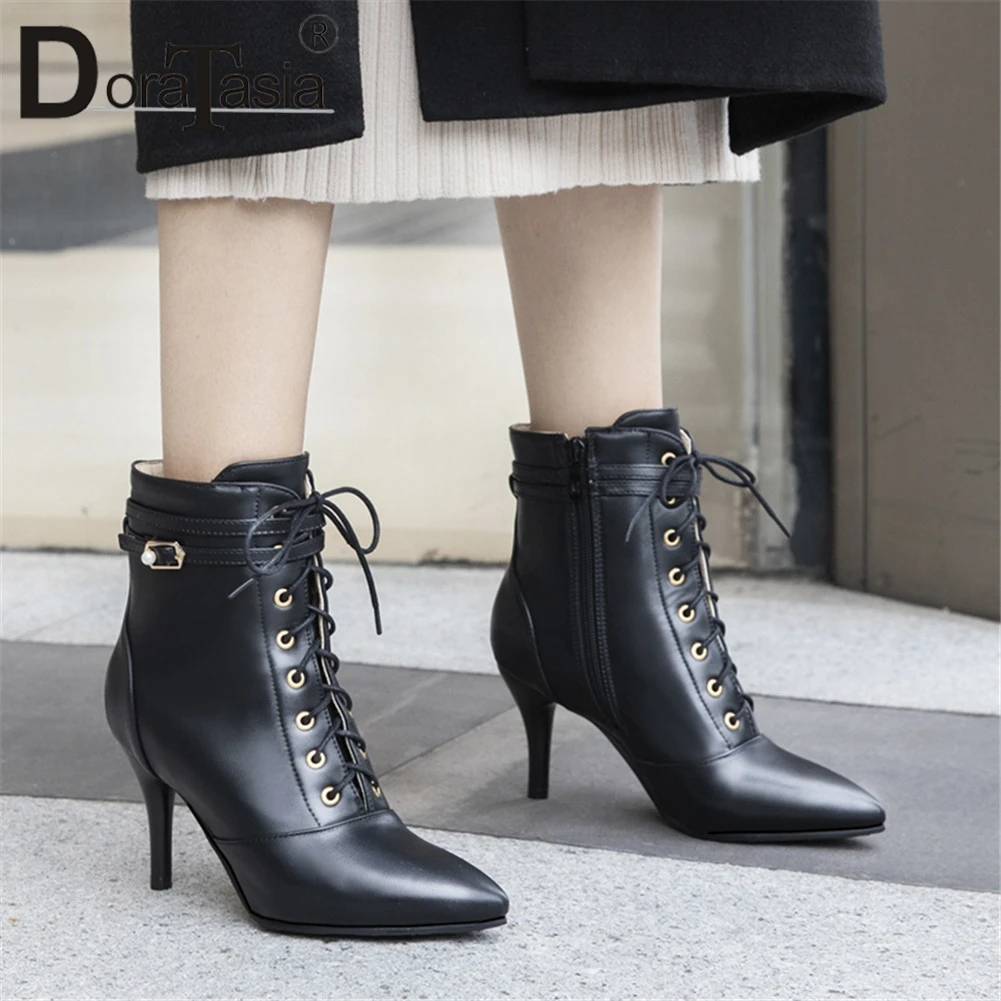 

DORATASIA Plus Size 30-48 Mature Booties Ladies Pointed Toe Ankle Boots Women 2019 lace-up Buckle OL Sexy High Heels Shoes Woman