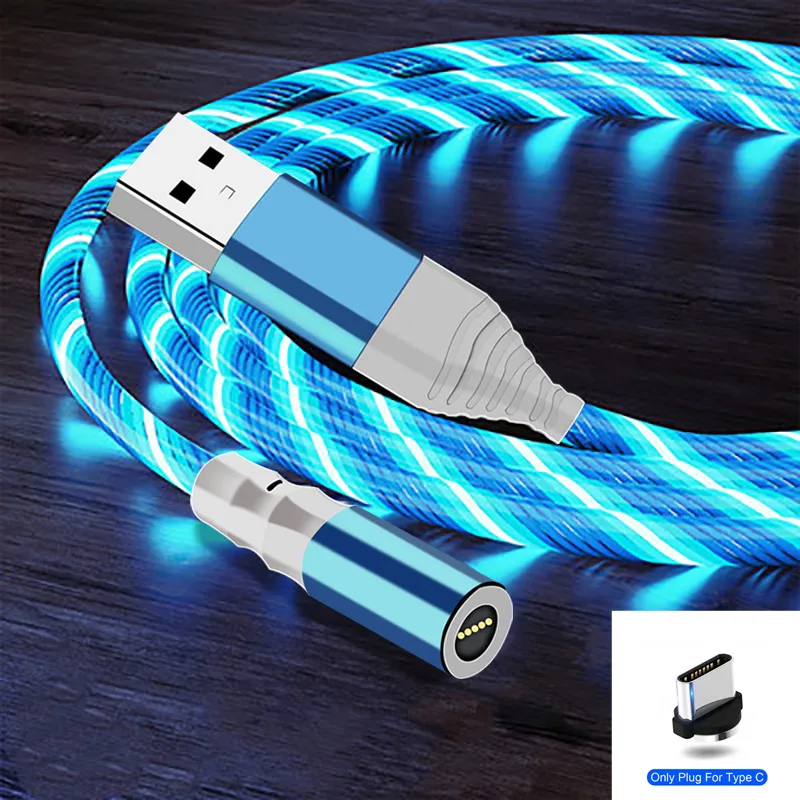 blue For USB C 1 м Магнитный кабель, течёт, lighttig, Micro usb type C, 3A, кабель для быстрой зарядки, для зарядки iPhone, samsung, магнитное зарядное устройство, кабель type C - Цвет: blue For USB C