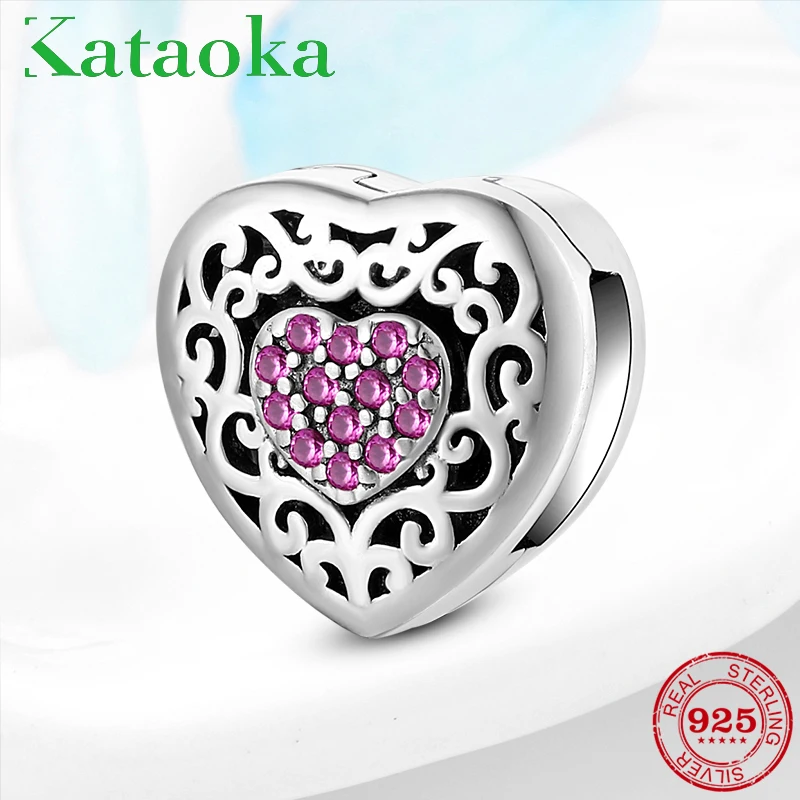 

Hot 925 Sterling Silver Pink zircon Heart Shape clips Beads Fit Original Reflections Charms Bracelet Fine Jewelry Making