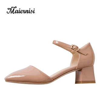 

MAIERNISI Sweet Ladies Sandals Patent Leathe Pumps Candy Women Sandals Fashion Single Shoes Hasp Thick High Heels