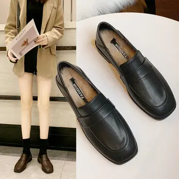 

Shallow Mouth Flat Black Shoes For Women Female Footwear Loafers With Fur British Style All-Match Casual Sneaker Slip-on Soft