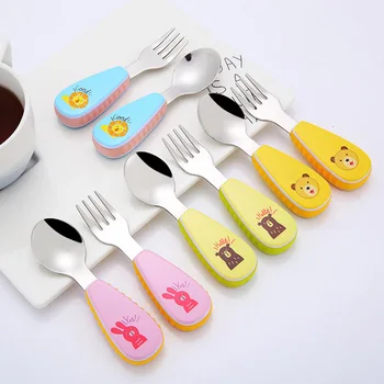 

Cartoon Stainless Steel Spoon Fork Set Anti-slip Handle Heat-Resistant Safety Baby Training Spoons Children Tableware Utensils