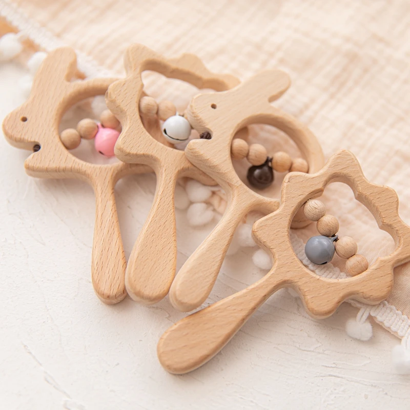 Baby Wooden Rattle Beech Bear Hand Teething Wooden Ring Baby Rattles Play Gym Montessori Stroller Toy Educational Toys for Kid