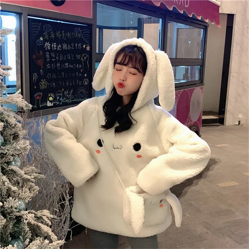 Kawaii, женские толстовки с ушками, белые, розовые, свободные, теплые, с капюшоном, милая верхняя одежда, пальто, осенняя, с длинным рукавом, японская кофта для девочек