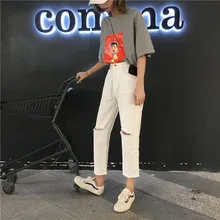 Черные/белые женские рваные джинсы с дырками и пуговицами, короткие джинсовые карманы брюк, повседневные хлопковые брюки для студентов