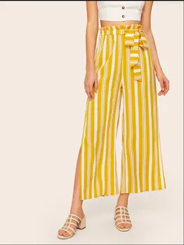 

Womens Casual Chiffon Pants Ladies Sexy Side Split High Waist Wide Leg Pants Long Trousers with Bow Slashes Harajuku Elegant