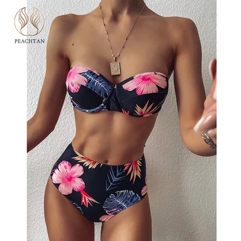 

Peachtan Floral printed bikinis 2020 mujer High waist swimsuit women Push up swimwear Off-shoulder bathing suit Sexy beach wear