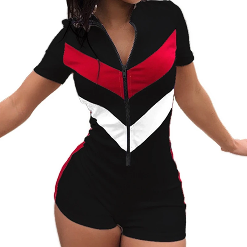 Bodysuit Sexy Shorts White Rompers Zipper Blue Casual Black Stitching-Color