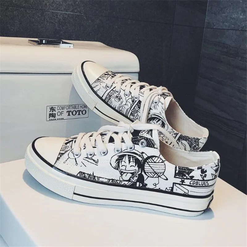 One Piece Dunk Low Anime Pikachu Pokemon Cartoon Plimsolls Cosplay Canvas Shoes Caricature Fashion Student Dunk High Black White Scrawl Board Shoes - Цвет: One Piece Dunk Low