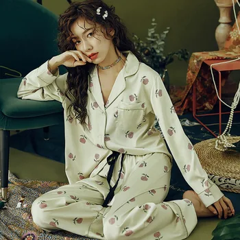 

Silk Pajamas Set Satin Pajamas For Women Pajamas Lace Long Sleeve Hydrangea Floral Print Sleepwear Casual Homewear Lounge Wear