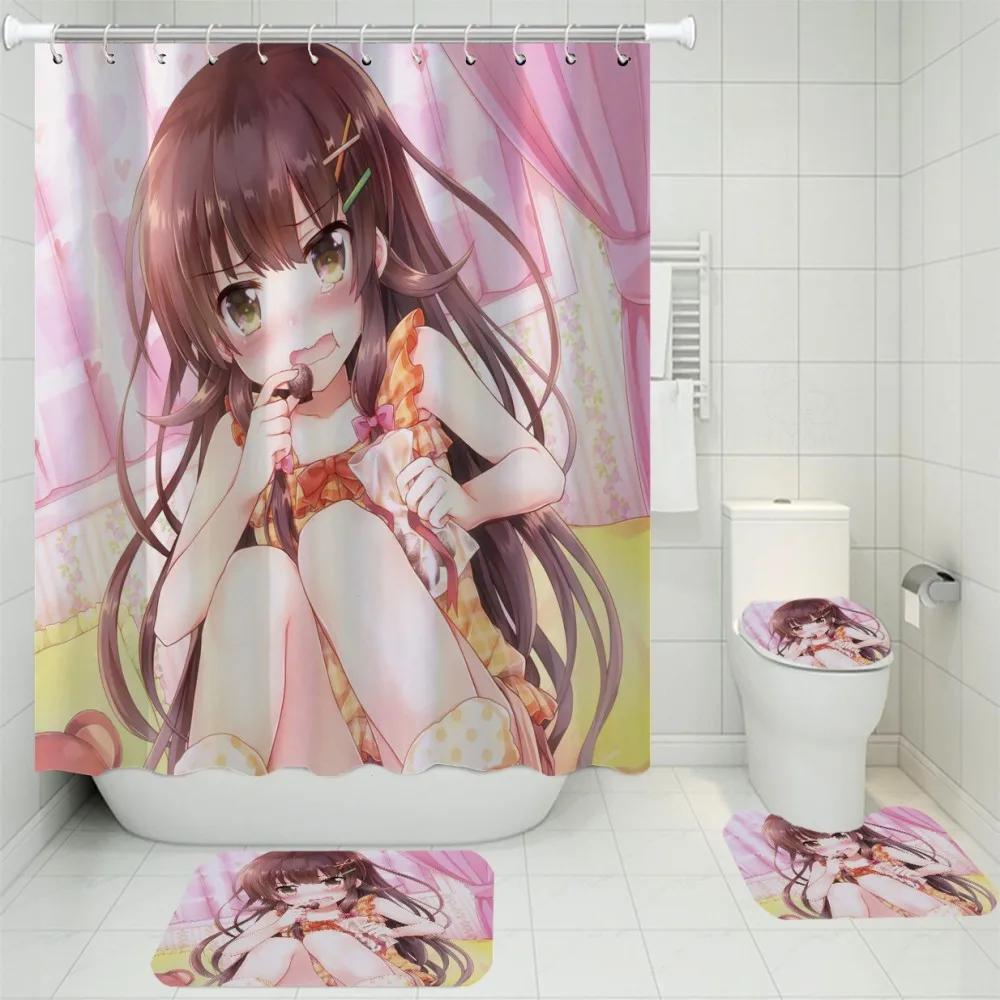 

3/4 Pieces Japan Anime Shower Curtains Sets Cartoon Carpet U-Pad Toilet Mat Would You Like Some Rabbits Today Bathroom Set