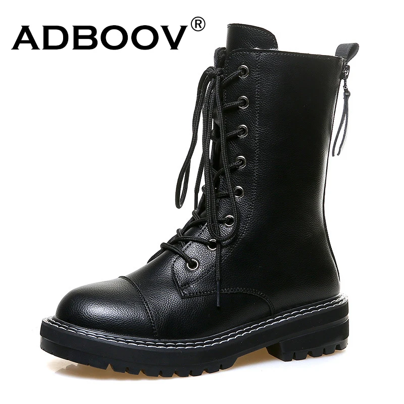 

ADBOOV Double Back Zips Women Boots Mid-Calf PU Leather Platform Martens Boots Winter Fur Motorcycle Boots Shoes Woman