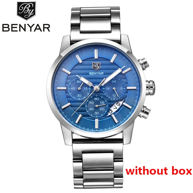 Benyar, новые часы, мужские, люксовый бренд, хронограф, мужские спортивные часы, водонепроницаемые, кожа, кварцевые, мужские часы, Relogio Masculino - Цвет: Silver blue