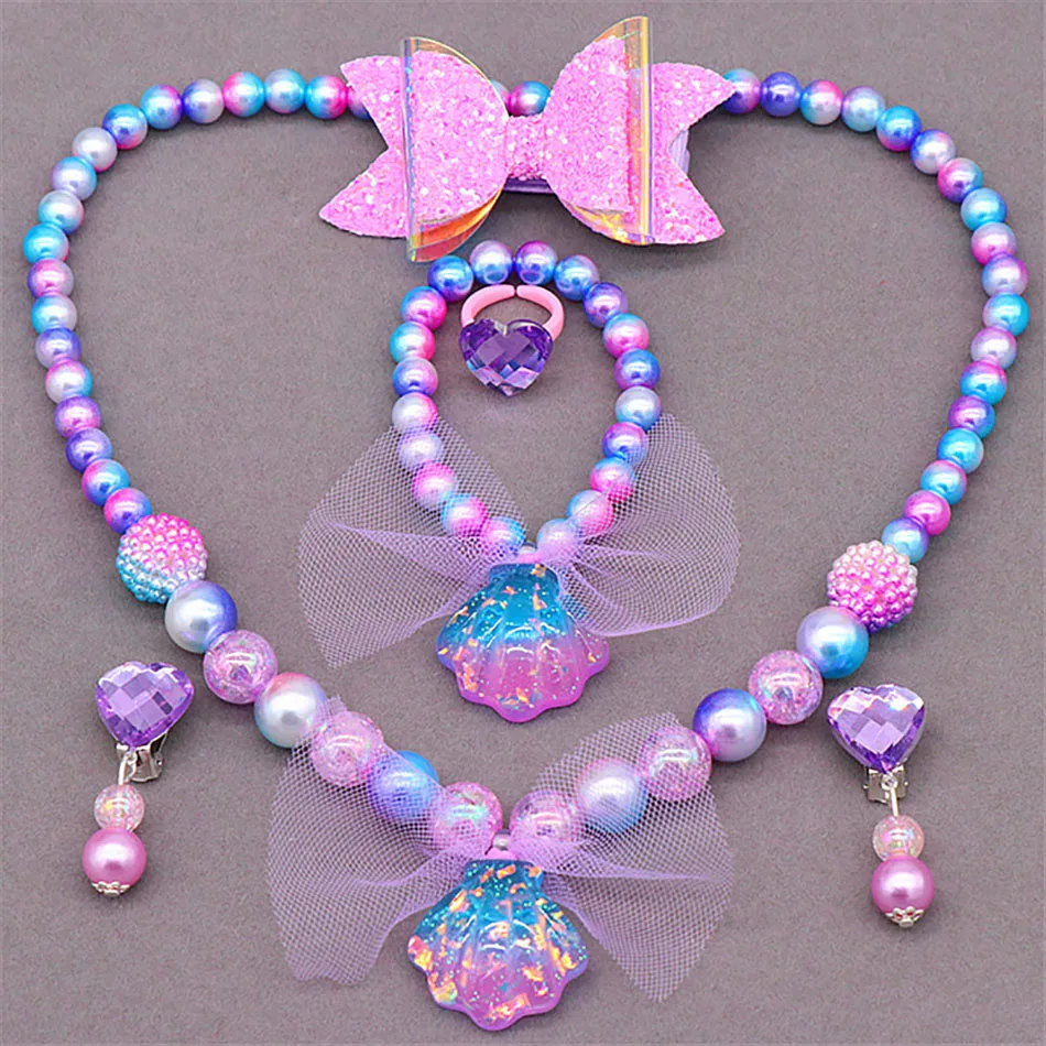 Princess Girls Pearl Jewelry for Kids Mermaid Cosplay Hairpin Earring Bracelet Necklace Ring Dress Up Accessories Party Jewelry