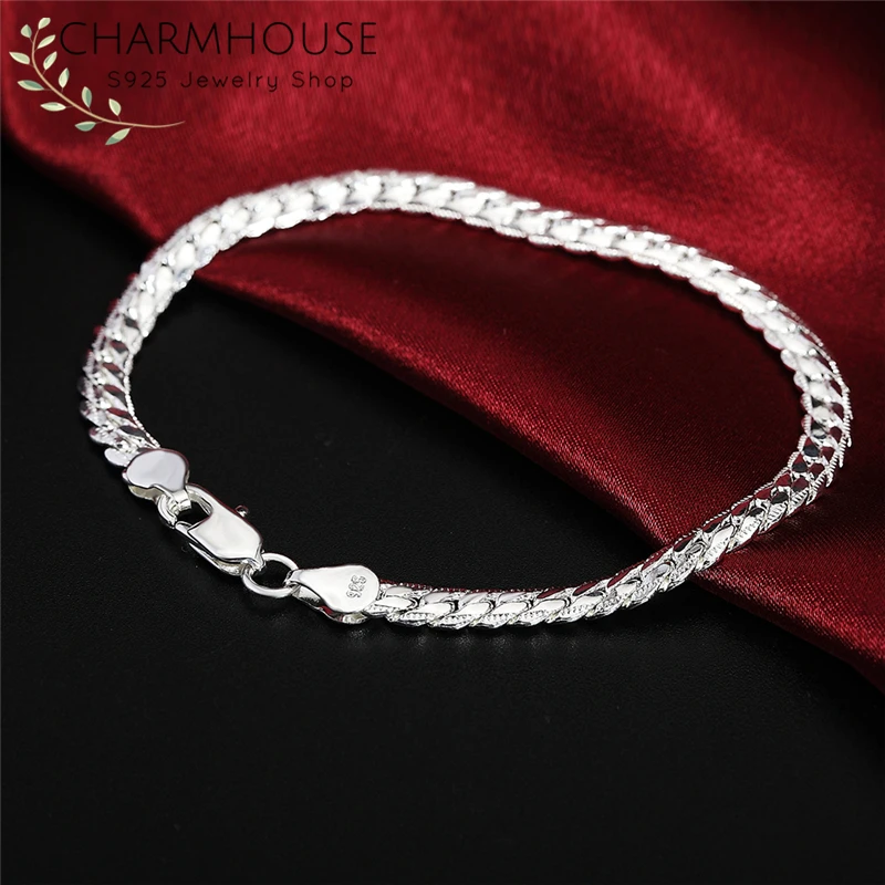 Charmhouse Bracelet Silver 925 5mm Flat Chain Link Bracelets& Bangles Men Women Wristband Pulseira Wedding Jewelry Party Gifts