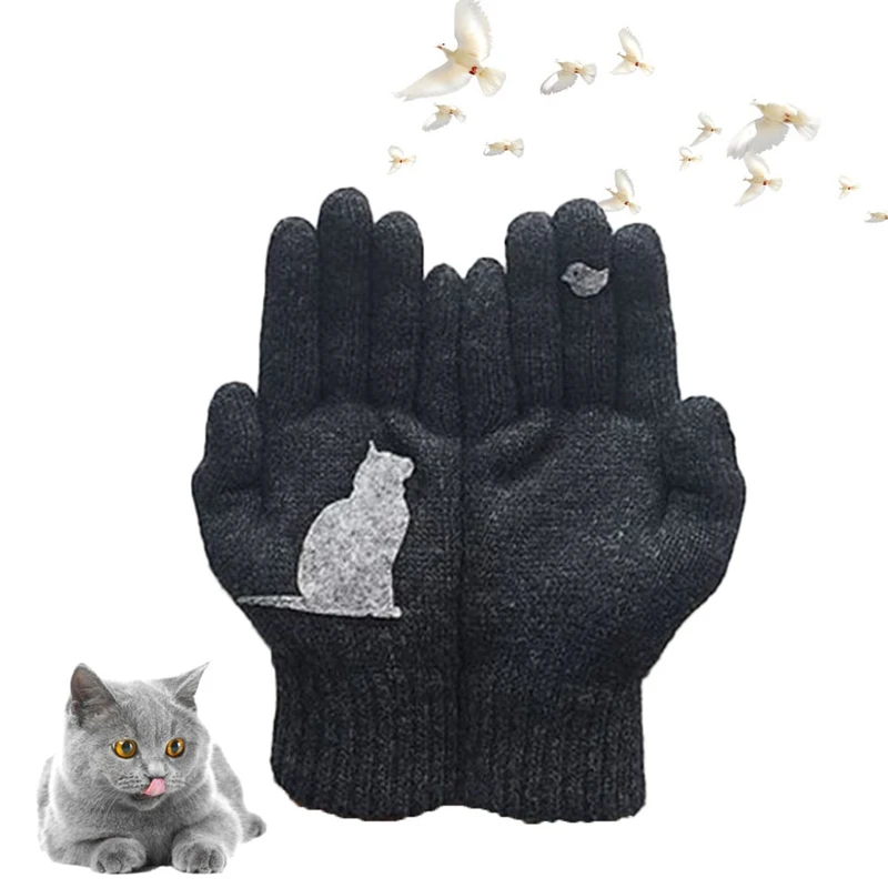 Зимние теплые перчатки из холодного кашемира, толстые шерстяные вязаные перчатки с рисунком кота, мужские и женские рождественские перчатки