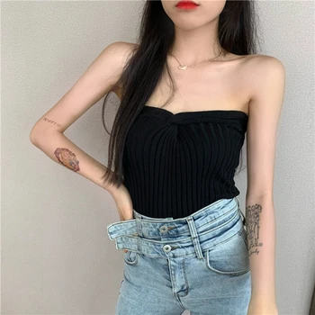 

Elastic Solid Basic Tube Top Women Female Casual Sexy Slim Basic Strapless Sleeveless Korean Style Tops