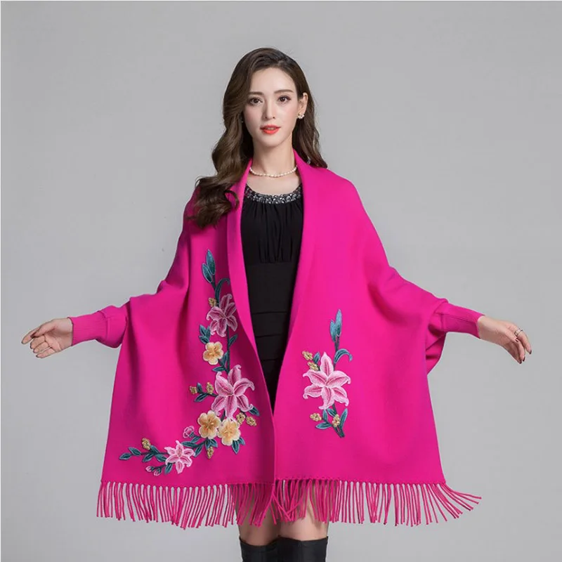 rose red Новые модные зимние теплые накидки пончо с рукавами для женщин огромные платки и обертывания кашемировые пашмины женские Bufanda Mujer - Цвет: rose red