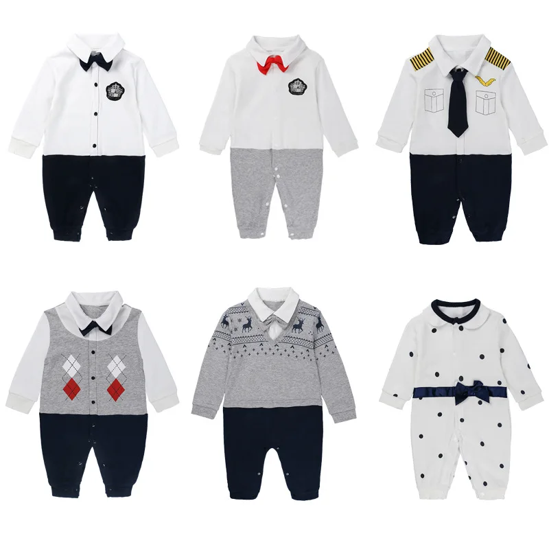 

Spring Fall Cotton Baby Boys Clothes Bow Tie Gentleman Uniform Formal Romper Infant Toddler Kids Party Boy Dresses Jumpsuit